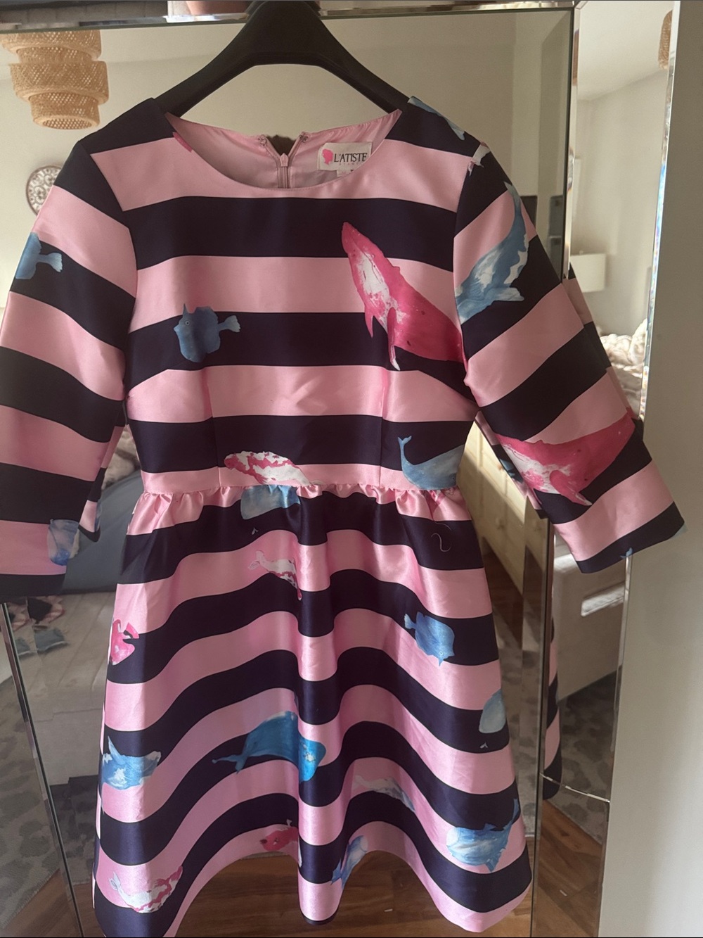 L'ATISTE Pink & Navy Striped Dress with Whale Print